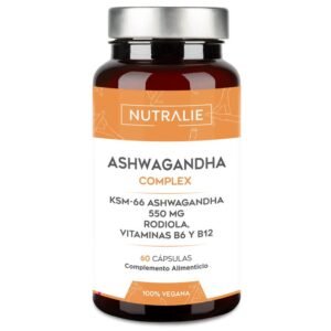 Ashwagandha KSM-66 Pura - Rhodiola Rosea Vit B6 B12 - Ginseng Natural Indio con 5% de Whitanólidos y Vitaminas B6 y B12 - 60 Cápsulas Veganas Nutralie