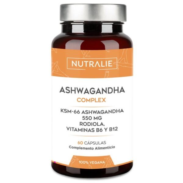 Ashwagandha KSM-66 Pura - Rhodiola Rosea Vit B6 B12 - Ginseng Natural Indio con 5% de Whitanólidos y Vitaminas B6 y B12 - 60 Cápsulas Veganas Nutralie