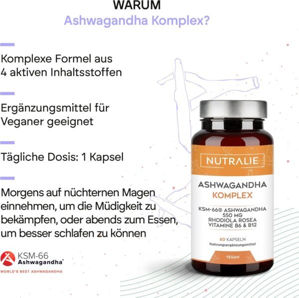 Ashwagandha KSM-66 Pura - Rhodiola Rosea Vit B6 B12 - Ginseng Natural Indio con 5% de Whitanólidos y Vitaminas B6 y B12 - 60 Cápsulas Veganas Nutralie - Image 4